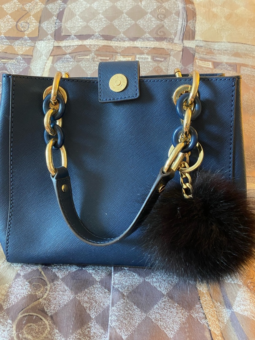 Michael Kors Navy Blue Satchel with Gold Chain Hardware
